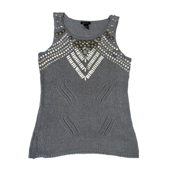 BCBGMAXAZRIA Beaded Sequin Metallic Knit Tank Top | Silver Gray Boho Glam NYE L - Picture 1 of 6